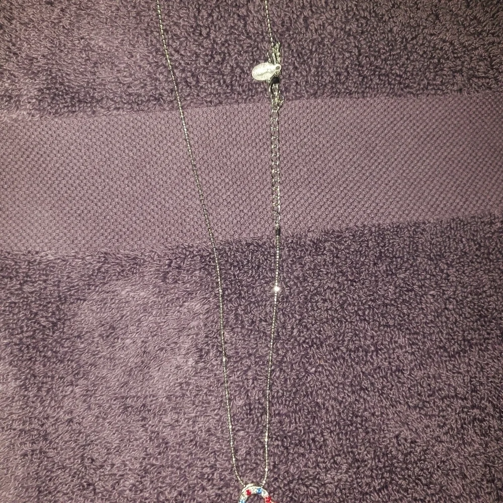 Cookie Lee Patriotic Heart Red White Blue Silver tone necklace Sparkly